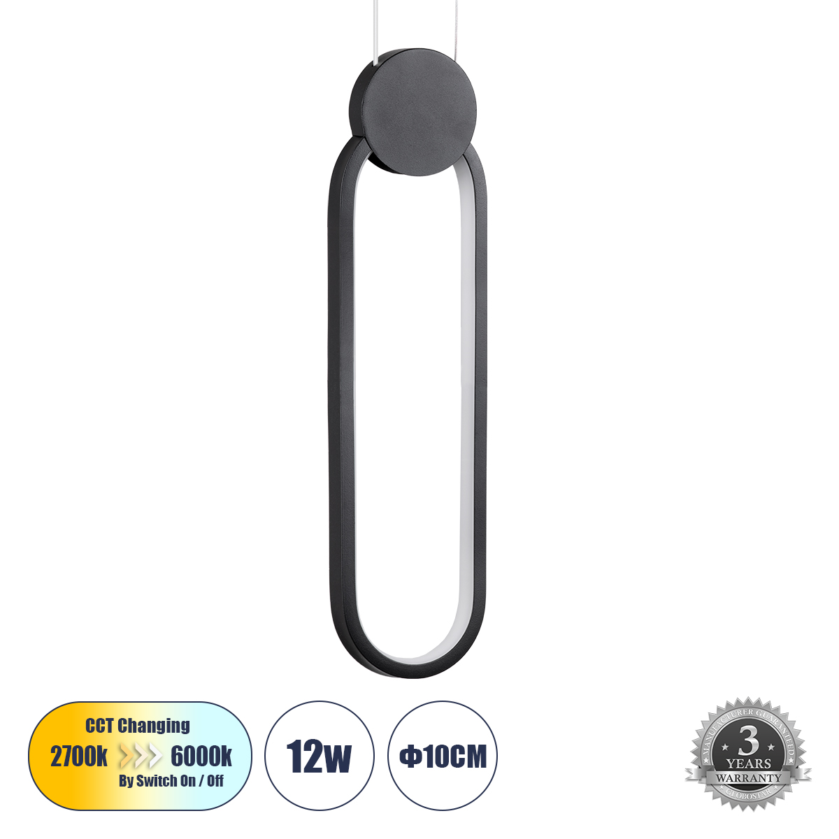GloboStar® ILDI 61088 Κρεμαστό Φωτιστικό Οροφής Design LED CCT 12W 1440lm 300° AC 220-240V - Εναλλαγή Φωτισμού μέσω Διακόπτη On/Off All In One Ψυχρό 6000k+Φυσικό 4500k+Θερμό 2700k Μ10 x Π2.3 x Υ38cm - Μαύρο - Image 2