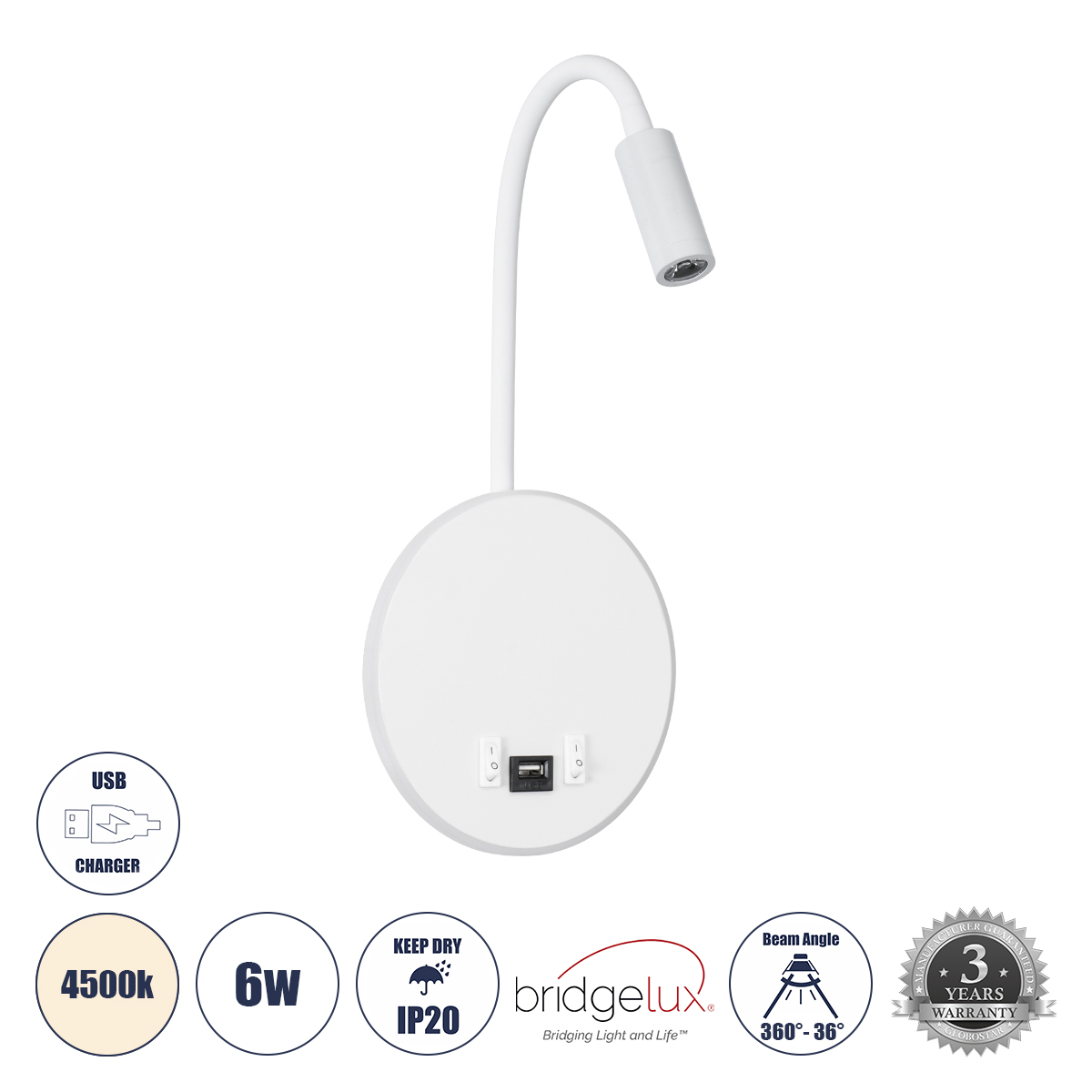 GloboStar® GOOSE 60881 Μοντέρνο Φωτιστικό Τοίχου - Απλίκα Ξενοδοχείου Bed Side LED 6W 600lm 36° & 360° AC 220-240V - Reading Light & 360° Κρυφός Φωτισμός - Φορτιστής USB 3A - Μ15.5 x Π15 x Υ30.5cm - Φυσικό Λευκό 4500K - Λευκό - 3 Xρόνια Εγγύηση