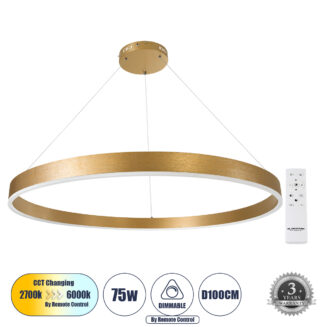 GloboStar® VENOM 61184 Κρεμαστό Φωτιστικό Δαχτυλίδι-Κύκλος LED CCT 75W 8818lm 120° AC 220-240V - Εναλλαγή Φωτισμού μέσω Τηλεχειριστηρίου All In One Ψυχρό 6000K+Φυσικό 4500K+Θερμό 2700K Dimmable Φ100cm - Χρυσό Βούρτσας - 3 Years Warranty