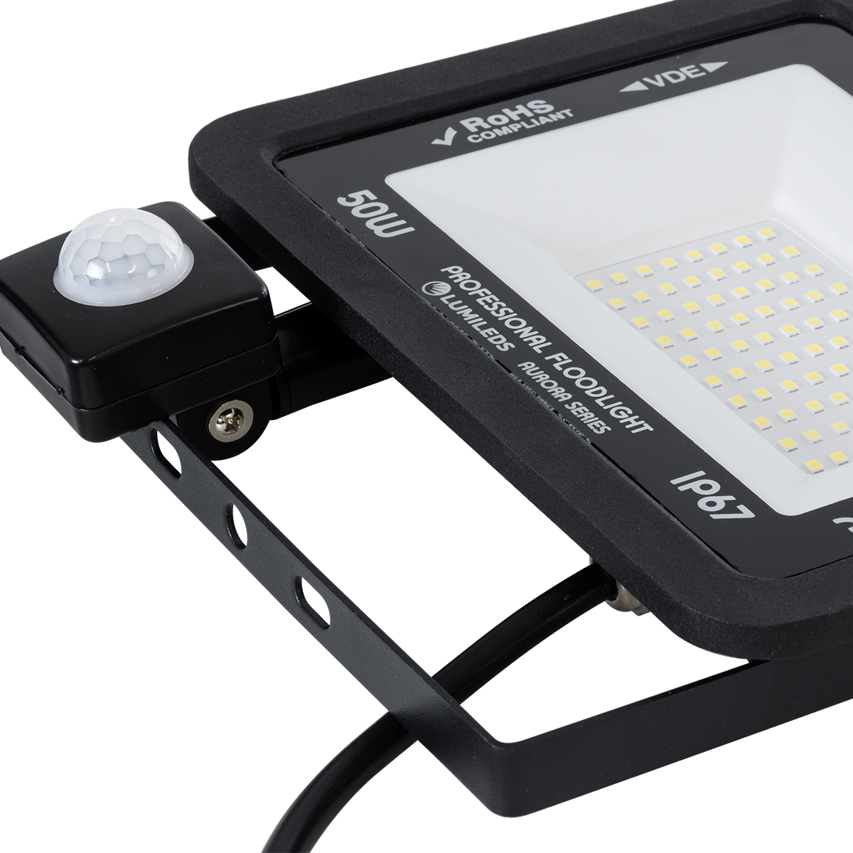 GloboStar® AURORA 61441 Επαγγελματικός Προβολέας LED 50W 6250lm 120° AC 220-240V με Ενσωματωμένο Ρυθμιζόμενο Αισθητήρα Κίνησης PIR - Αδιάβροχος IP67 - Μ21 x Π5 x Υ21cm - Μαύρο - Ψυχρό Λευκό 6000K - LUMILEDS Chips - TÜV Rheinland Certified - 3 Years Warranty - Image 7