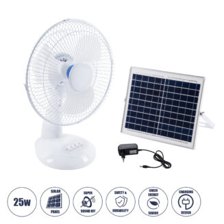 GloboStar® SOLARI-FAN 85354 Solar Fan Αυτόνομος Ηλιακός Επιτραπέζιος Ανεμιστήρας 25W 2 Λειτουργιών Ρεύματος με AC 220-240V ή με Φωτοβολταϊκό Panel 9V 12W & Επαναφορτιζόμενη Μπαταρία Li-ion 7.4V 4400mAh - 3 Ταχύτητες - IP20 - Μ24 x Π36 x Υ49cm - Λευκό - 2 Years Warranty