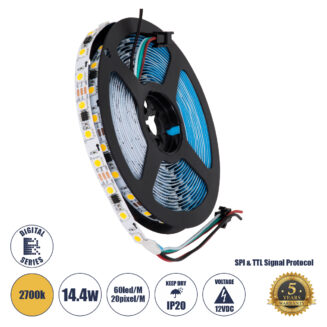 GLOBOSTAR® DIGIPRO 90588 Ψηφιακή Pixel Addressable Ταινία LED 14.4W/m 1296lm/m 120° DC 12V IP20 60 x SMD 5050 Chip/m 20 x Pixel/m Θερμό Λευκό 2700K Dimmable SPI/TTL Protocol IC WS2811/UCS16703 - Μ500 x Π1 x Υ0.2cm - Ρολό 5 Μέτρων - 5 Χρόνια Εγγύηση
