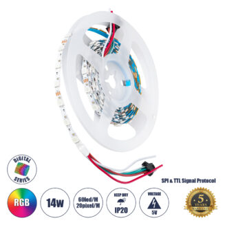 GLOBOSTAR® DIGIPRO 90606 Ψηφιακή Pixel Addressable Ταινία LED 14.4W/m 1152lm/m 120° DC 5V IP20 60 x SMD 5050 Chip/m 20 x Pixel/m Πολύχρωμο RGB Dimmable SPI/TTL Protocol IC WS2812/SK6812 - Μ2000 x Π6 x Υ2mm - Ρολό 2 Μέτρων - 5 Χρόνια Εγγύηση
