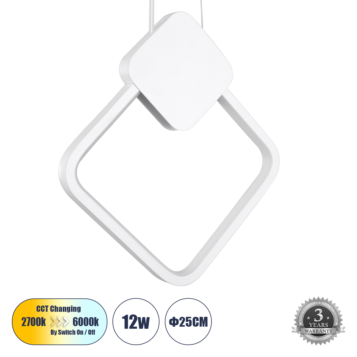 GloboStar® MARY 61083 Κρεμαστό Φωτιστικό Οροφής Design LED CCT 12W 1440lm 300° AC 220-240V - Εναλλαγή Φωτισμού μέσω Διακόπτη On/Off All In One Ψυχρό 6000k+Φυσικό 4500k+Θερμό 2700k Μ20 x Π2.3 x Υ28.5cm - Λευκό - Image 2
