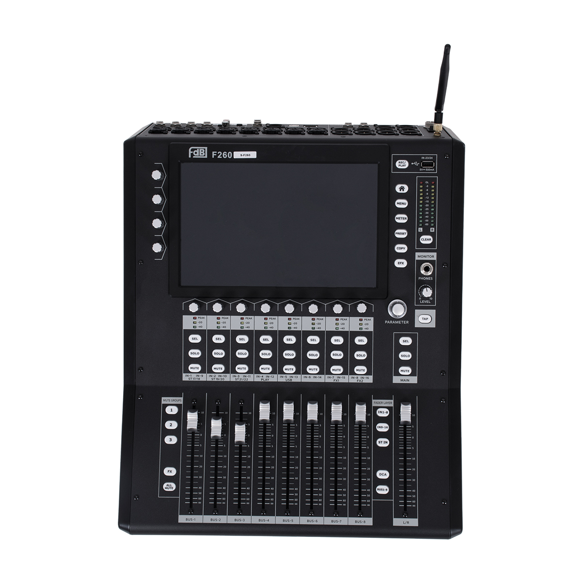 GloboStar® FDB F260 98023 Multifunctional Digital Mixer Audio Console 24Ch - Επαγγελματική Ψηφιακή Κονσόλα Ήχου 16Ch Audio In / 8Ch Audio Out / 8Ch BUS Out - Οθόνη Αφής 10" HD - Wifi Smart System - UDP - AC 220V/50-60Hz - IP20 - Μαύρο - Μ38 x Π49 x Υ14cm - Image 5