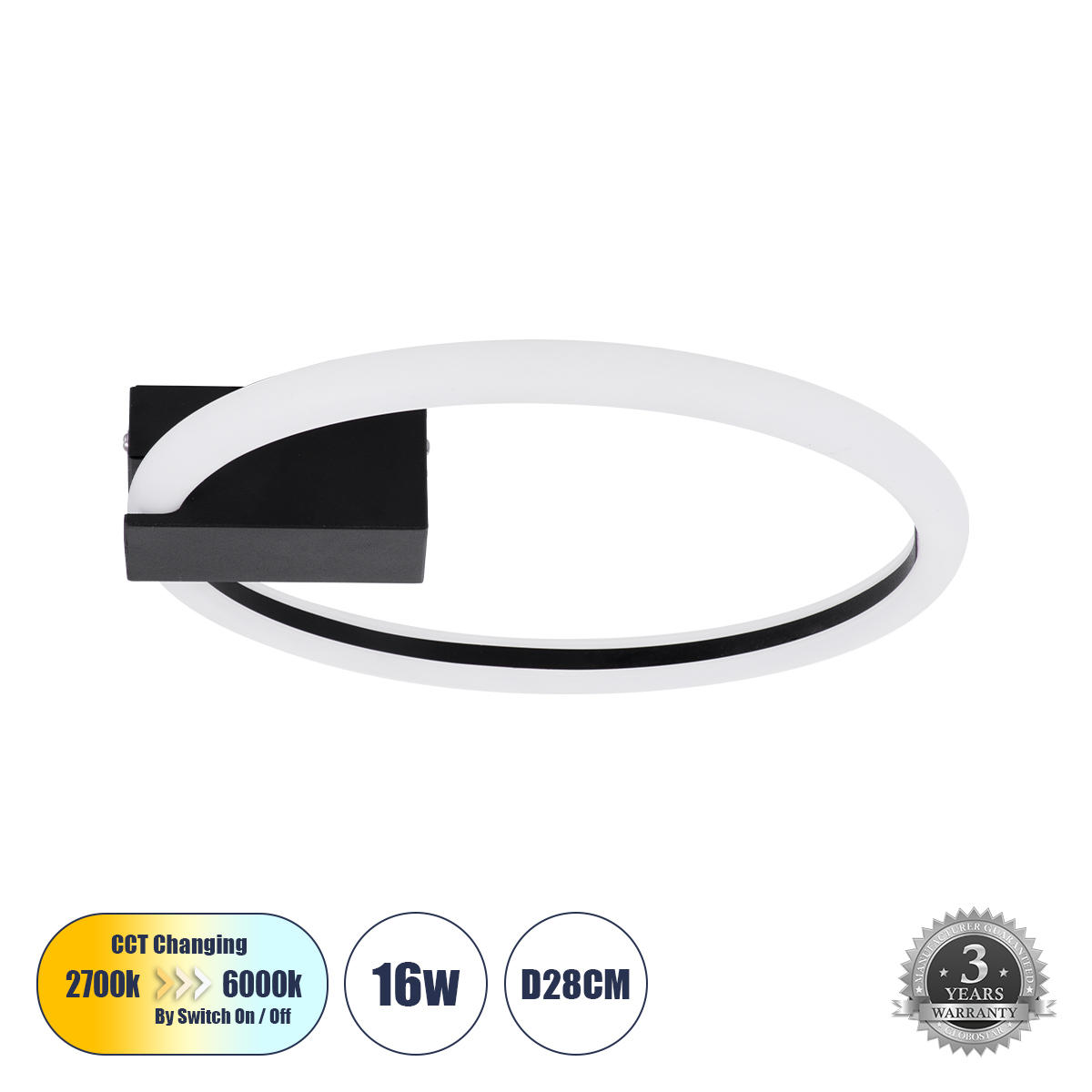GloboStar® CINDERELLA 60976 Φωτιστικό Οροφής Δαχτυλίδι-Κύκλος LED CCT 16W 1792lm 360° AC 220-240V - Εναλλαγή Φωτισμού μέσω Διακόπτη On/Off All In One Ψυχρό 6000k+Φυσικό 4500k+Θερμό 2700k Φ28cm - Μαύρο - 3 Years Warranty - Image 2