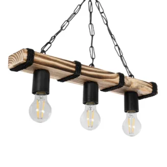 GloboStar® GLISTER 201-0003 Vintage Κρεμαστό Φωτιστικό Ράγα Τρίφωτο 3 x E27 IP20 Μπεζ Ξύλο με Μαύρο Σχοινί - Μ50 x Π10 x Υ65cm