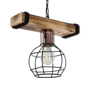 GloboStar® STARLO 201-0004 Vintage Κρεμαστό Φωτιστικό Ράγα Μονόφωτο 1 x E27 IP20 Μπεζ Ξύλο με Μαύρο Μέταλλο - Μ30 x Π15 x Υ60cm