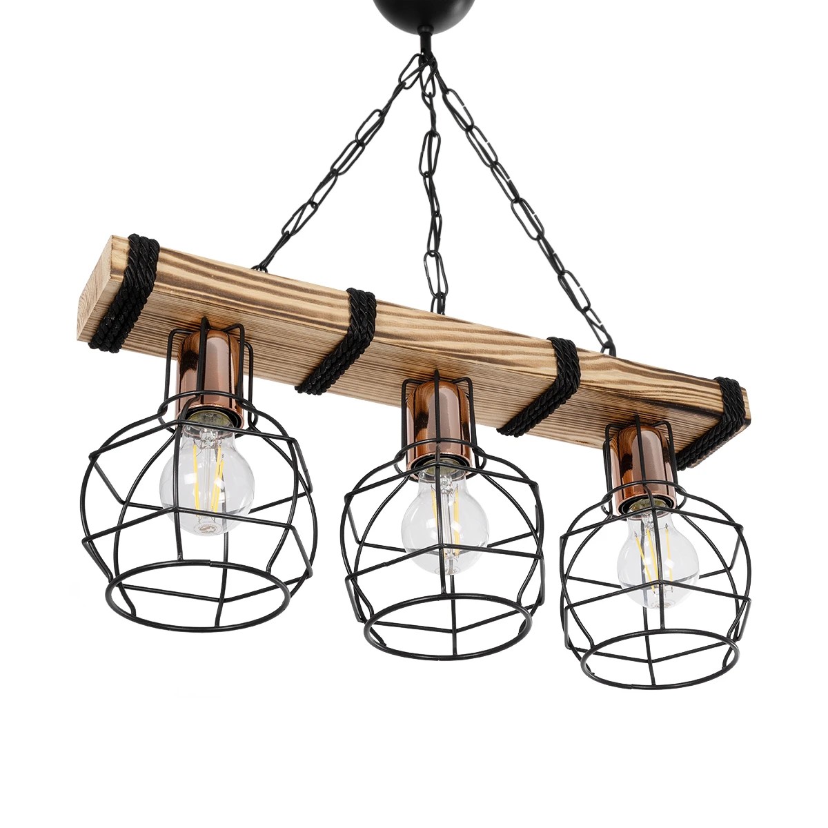 GloboStar® STARLO 201-0006 Vintage Κρεμαστό Φωτιστικό Ράγα Τρίφωτο 3 x E27 IP20 Μπεζ Ξύλο με Μαύρο Μέταλλο - Μ50 x Π15 x Υ65cm - Image 6