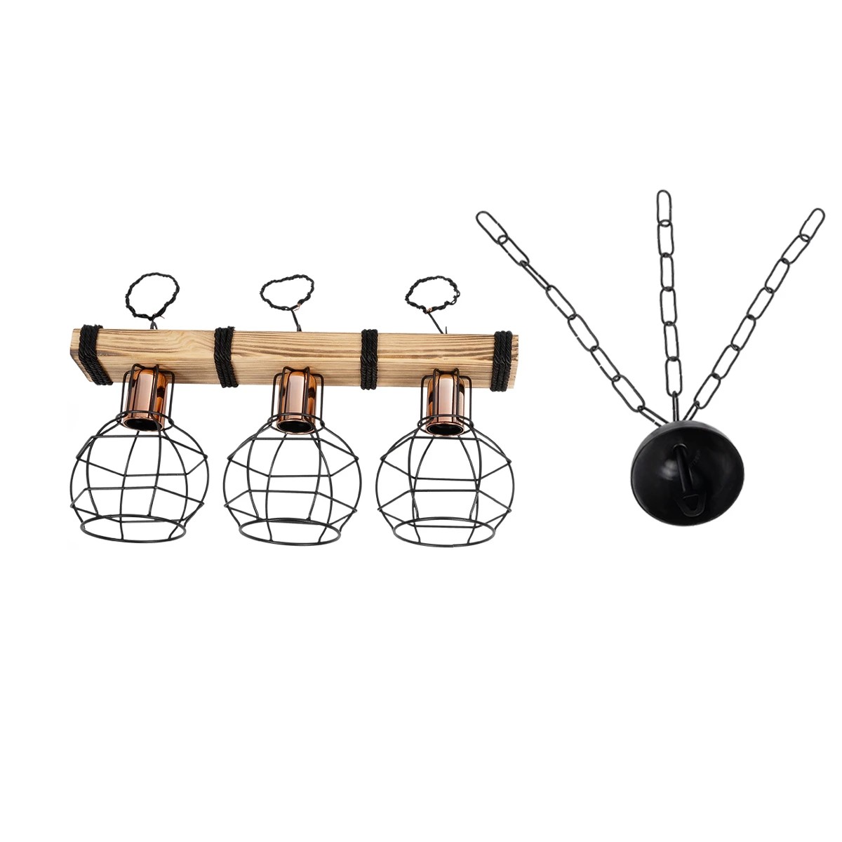GloboStar® STARLO 201-0006 Vintage Κρεμαστό Φωτιστικό Ράγα Τρίφωτο 3 x E27 IP20 Μπεζ Ξύλο με Μαύρο Μέταλλο - Μ50 x Π15 x Υ65cm - Image 10