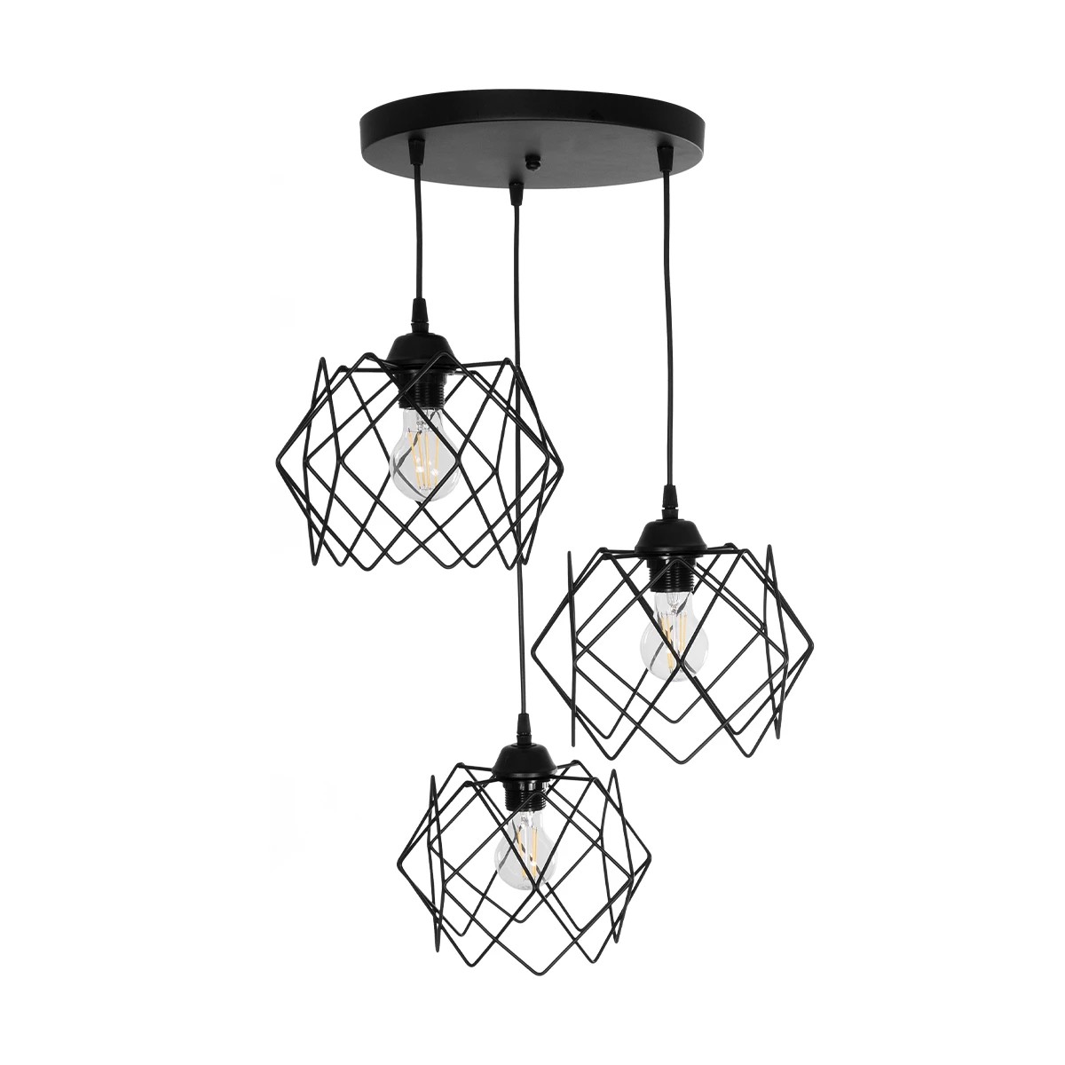 GloboStar® DAZLA 201-0024 Vintage Κρεμαστό Φωτιστικό Πλέγμα Τρίφωτο 3 x E27 IP20 Μαύρο Μέταλλο - Μ32 x Π32 x Υ70cm - Image 4