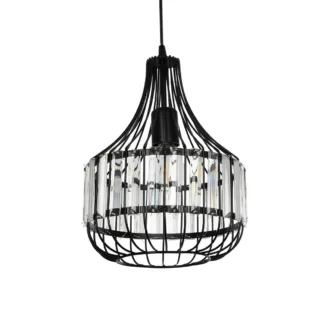 GloboStar® LUMAON 201-0081 Vintage Κρεμαστό Φωτιστικό Πλέγμα Μονόφωτο 1 x E27 IP20 Μαύρο Μέταλλο με Διάφανο Κρύσταλλο - Μ28 x Π28 x Υ80cm