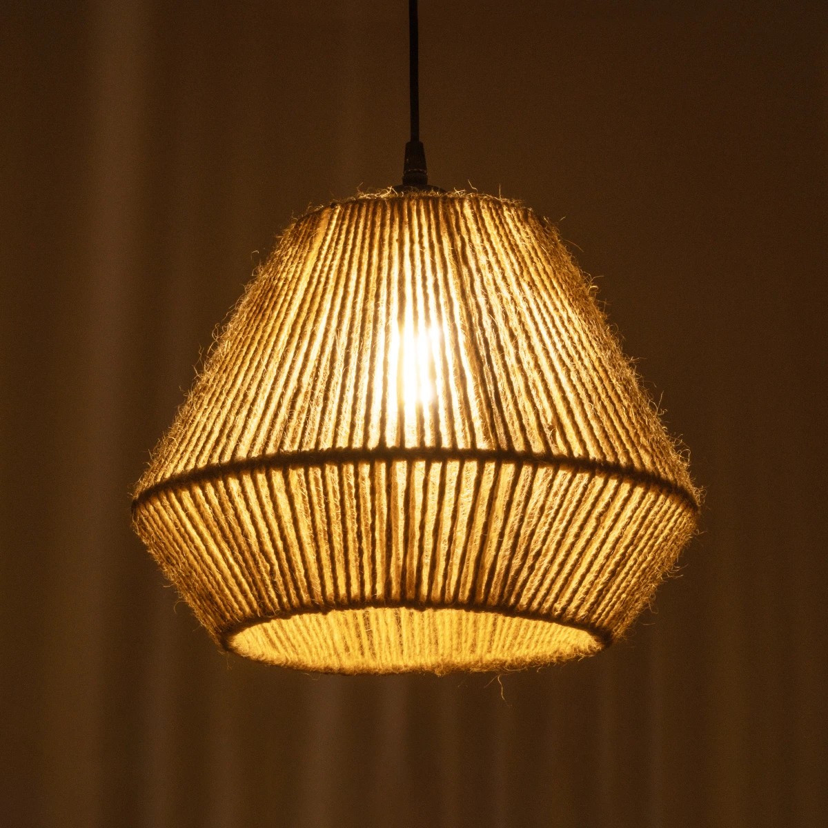 GloboStar® GLARO 201-0112 Vintage Κρεμαστό Φωτιστικό Καμπάνα Μονόφωτο 1 x E27 IP20 Μαύρο Μέταλλο με Μπεζ Σχοινί - Μ30 x Π30 x Υ70cm - Image 3