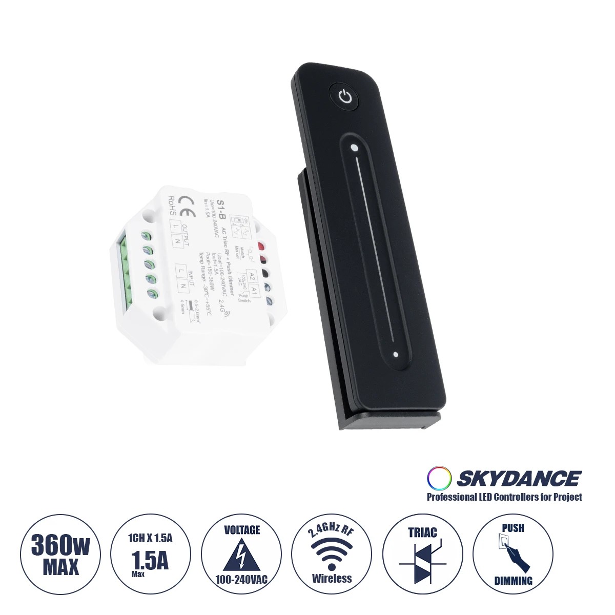 GloboStar® 73124 S1-B+R11 SKYDANCE ΣΕΤ Dimmer & Ασύρματο Χειριστήριο Αφής 1 Group RF 2.4Ghz 1.5A Max AC100-240V (360W) - DC 3V IP20 - 5 Χρόνια Εγγύηση