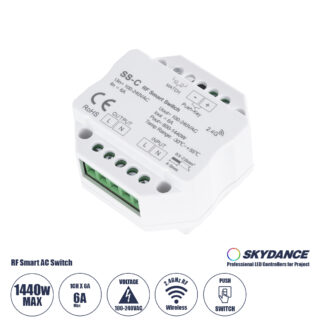 GloboStar® 73126 SS-C SKYDANCE AC RF 2.4Ghz & Push Switch 1 Κανάλι AC 100-240V 1 x 6A 1440W - Max 6A 1440W - IP20 Μ5.2 x Π5.2 x Υ2.6cm - 5 Χρόνια Εγγύηση