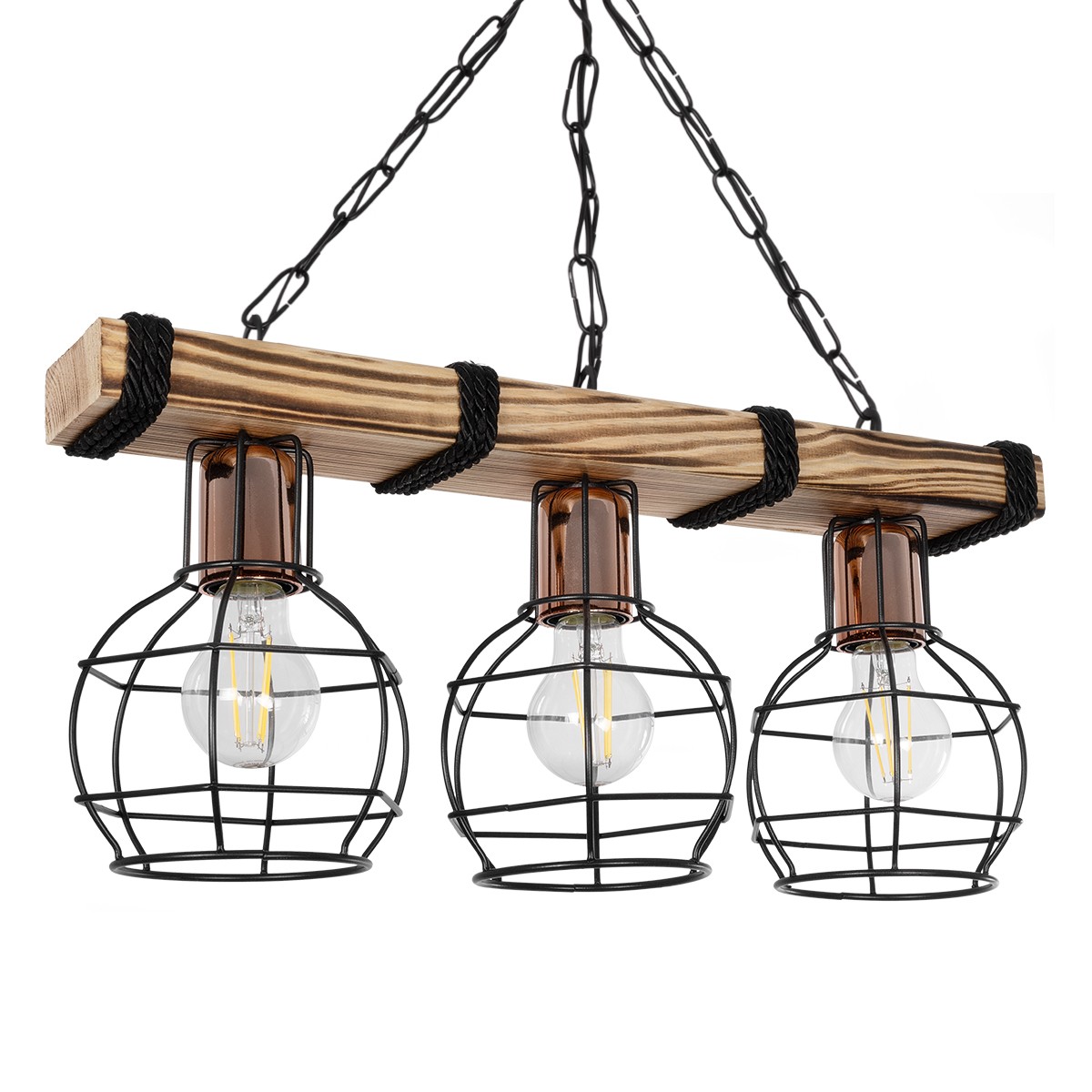 GloboStar® STARLO 201-0006 Vintage Κρεμαστό Φωτιστικό Ράγα Τρίφωτο 3 x E27 IP20 Μπεζ Ξύλο με Μαύρο Μέταλλο - Μ50 x Π15 x Υ65cm - Image 2