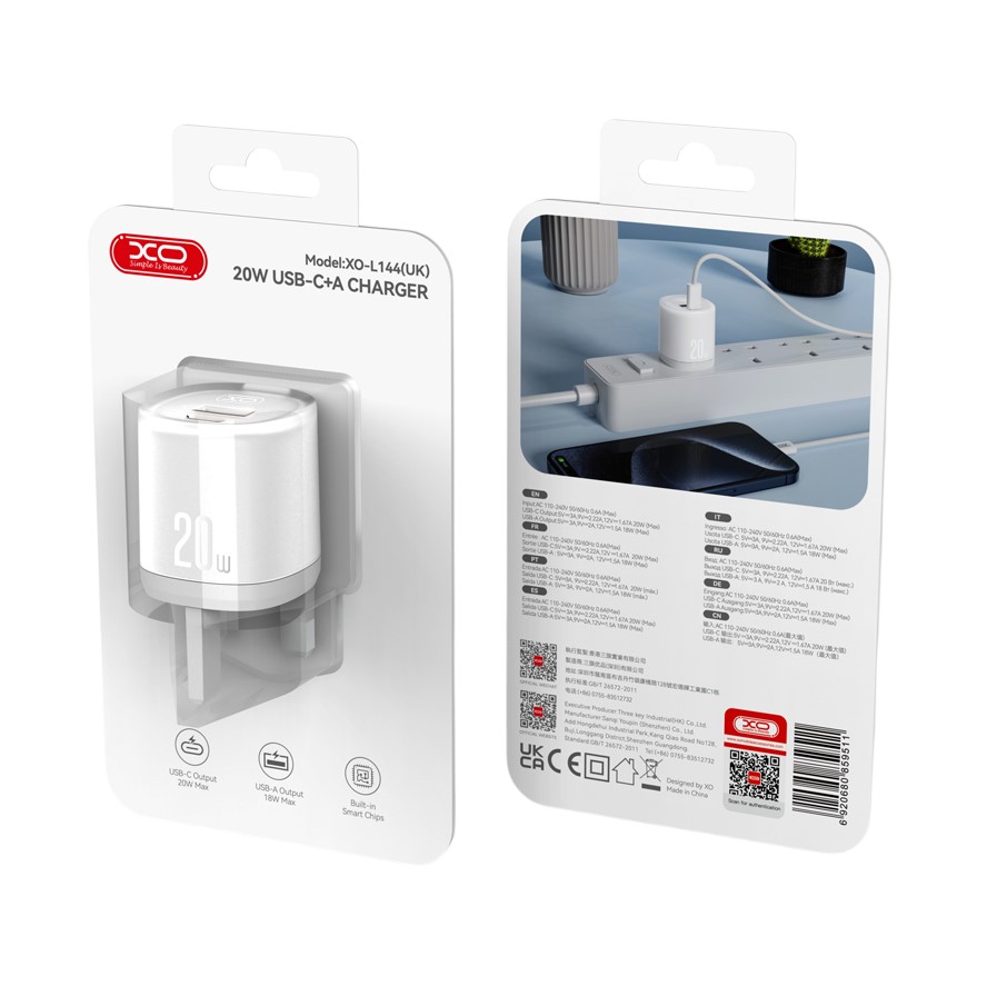 XO L144(UK) PD20W 1USB-A+1USB-C Γρήγορος Φορτιστής Λευκό - Image 3