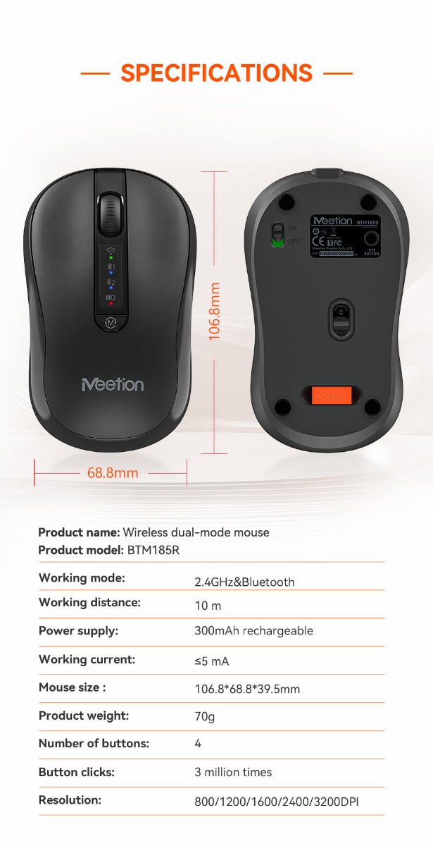 Meetion Ασύρματο Ποντίκι Office MT-BTM185R με Bluetooth & 2.4G Επαναφορτιζόμενο - Image 8