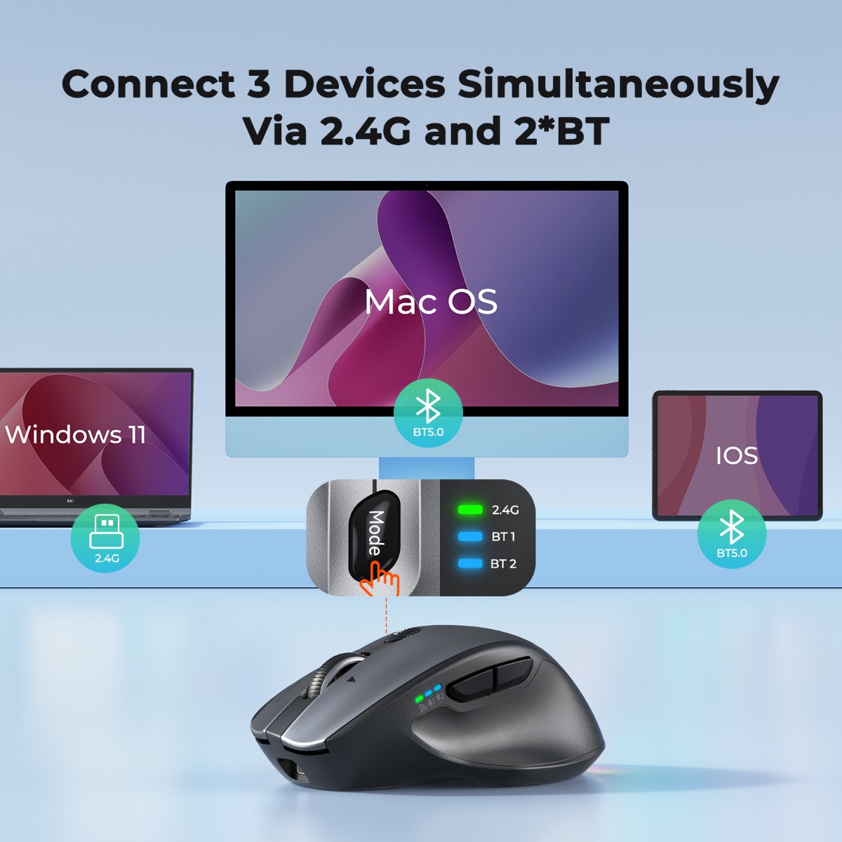 Meetion Ασύρματο Ποντίκι Office MT-BTM007 με Bluetooth & 2.4G Γκρι - Image 5