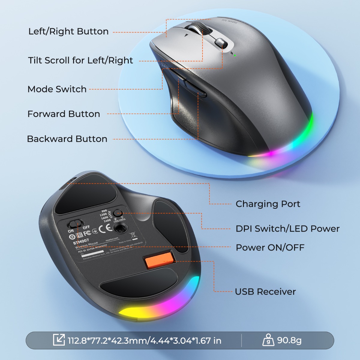 Meetion Ασύρματο Ποντίκι Office MT-BTM007 με Bluetooth & 2.4G Γκρι - Image 9