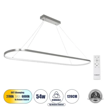 GLOBOSTAR® BOLIVAR 61273 Μοντέρνο Κρεμαστό Φωτιστικό Οροφής LED 54W 6210lm 360° AC 220-240V IP20 Ρυθμιζόμενο Λευκό CCT με Χειριστήριο από 2700K έως 6000K Dimmable – Lumileds SMD Chip – Νίκελ Βούρτσας – Μ120 x Π30 x Υ2cm – 3 Χρόνια Εγγύηση