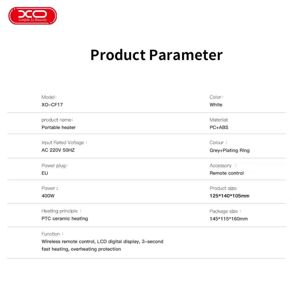 XO CF17 Mini Φορητή Μονάδα Θέρμανσης Τετράγωνη 400W - Image 5