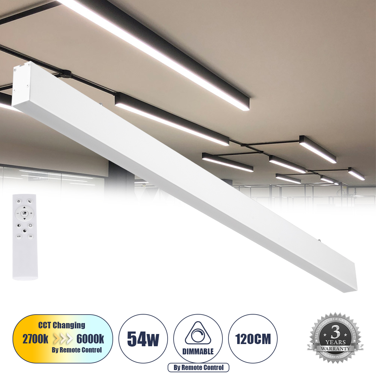GLOBOSTAR® FELIX 61029-S Μοντέρνο Φωτιστικό Οροφής LED 54W 6500lm 120° AC 220-240V IP20 Ρυθμιζόμενο Λευκό CCT με Χειριστήριο από 2700K έως 6000K Dimmable - Lumileds SMD Chip - Λευκό Ματ - Μ120 x Π3.5 x Υ7cm - 3 Χρόνια Εγγύηση