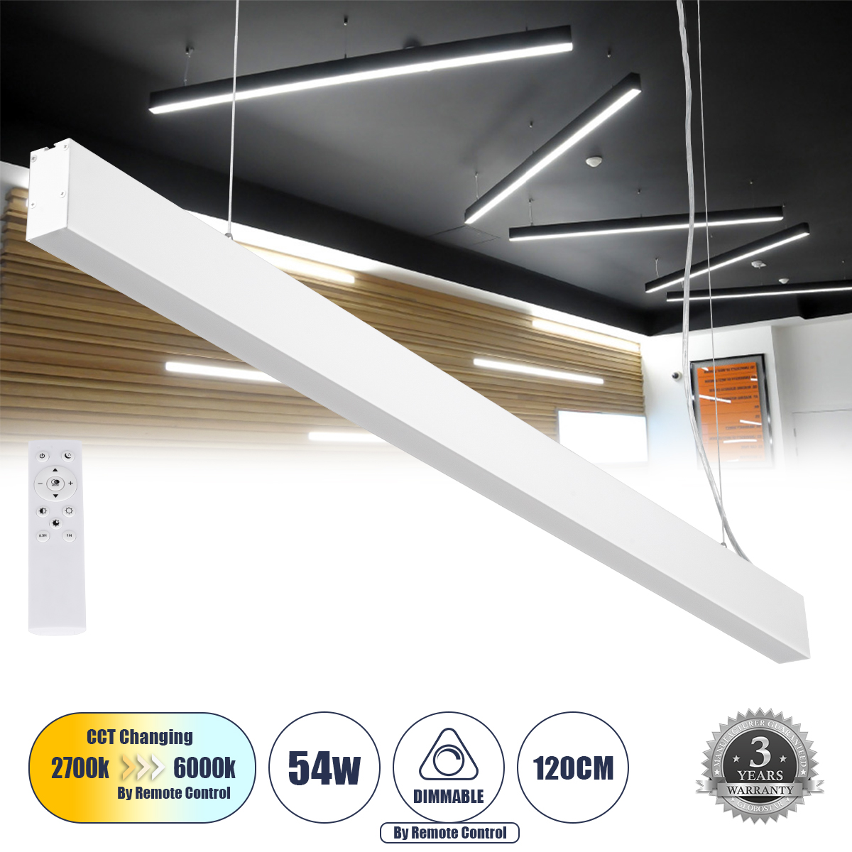 GLOBOSTAR® FELIX 61029-P Μοντέρνο Γραμμικό Κρεμαστό Φωτιστικό Οροφής LED 54W 6500lm 120° AC 220-240V IP20 Ρυθμιζόμενο Λευκό CCT με Χειριστήριο από 2700K έως 6000K Dimmable - Lumileds SMD Chip - Λευκό Ματ - Μ120 x Π3.5 x Υ7cm - 3 Χρόνια Εγγύηση