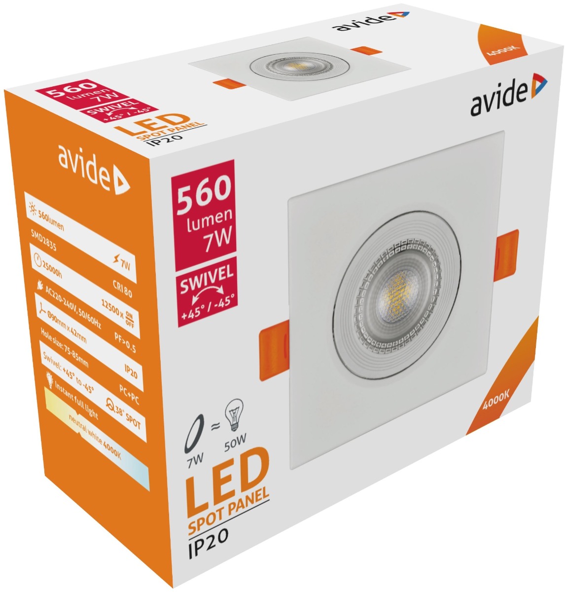 Avide LED Χωνευτό Σπότ 38° Τετράγωνο 7W Λευκό 4000K